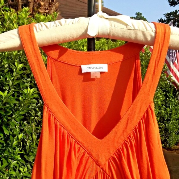 Calvin Klein Women's Maxi Dress V Neck Sleeveless Orange Ruched Stretch Size 10 - Picture 2 of 6
